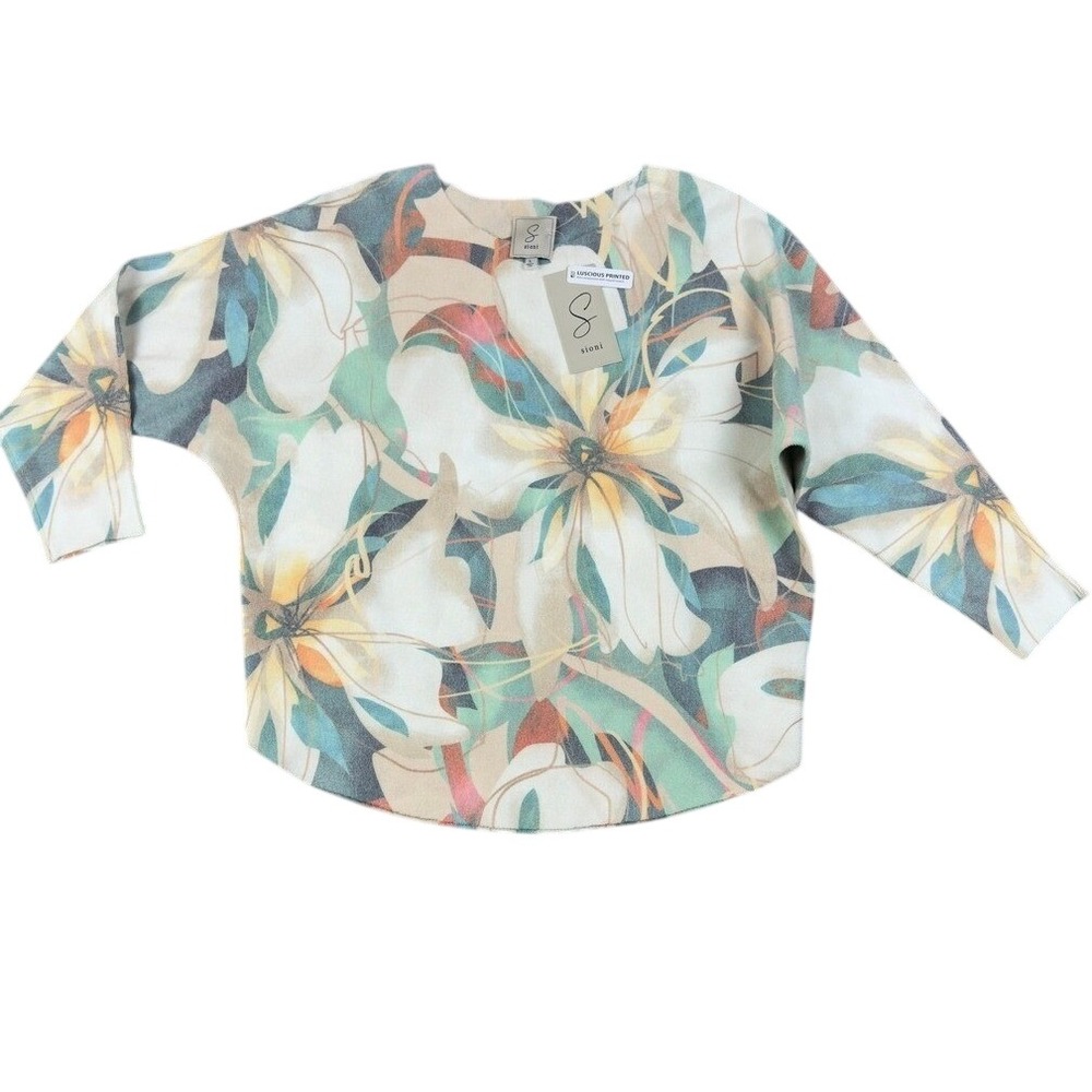 NWT Sioni Luscious Printed V-Neck Floral Dolman Sleeve Knit Top Cream Green L